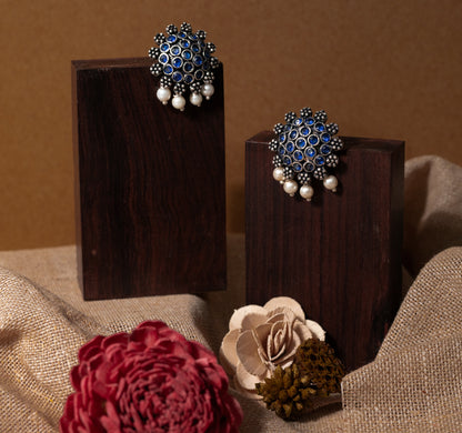 Blue Stone Studded Oxidised Earrings With Hanging Pearls