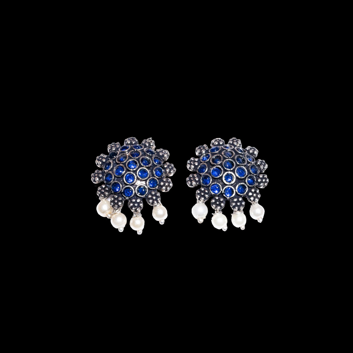 Blue Stone Studded Oxidised Earrings With Hanging Pearls