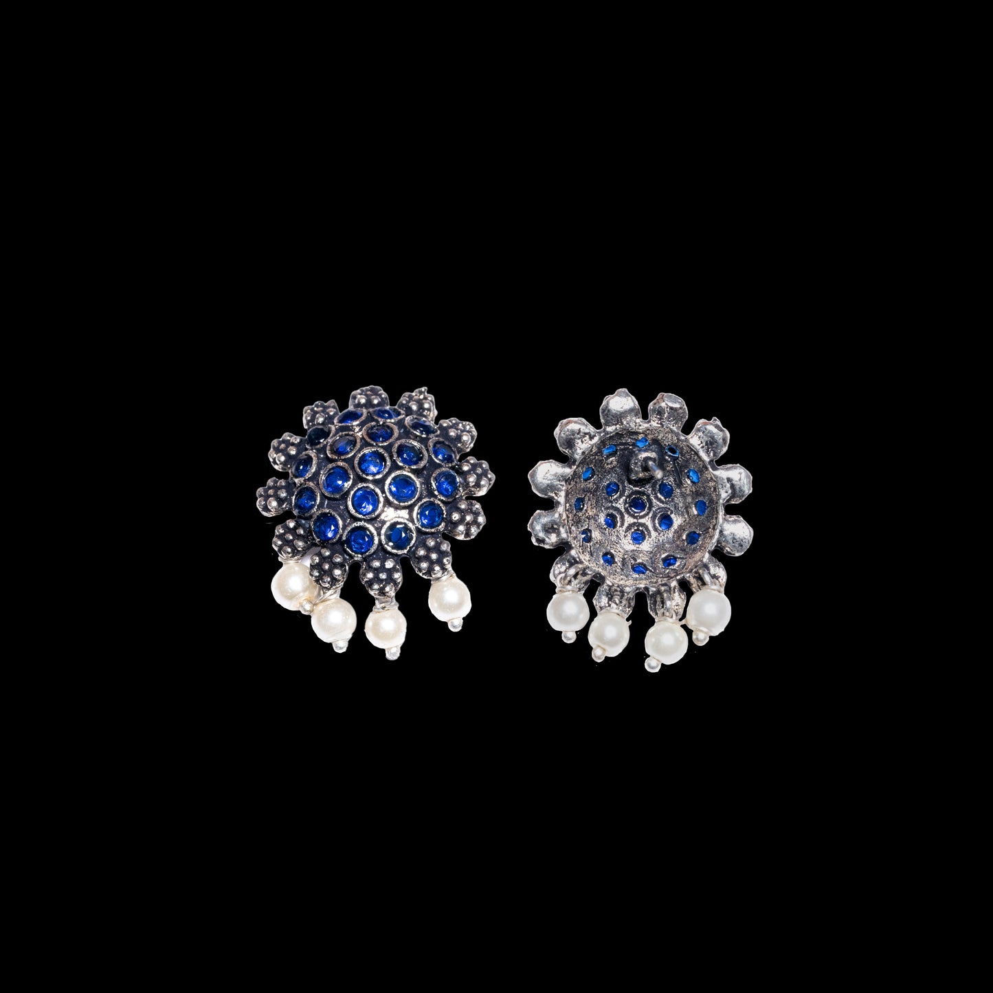 Blue Stone Studded Oxidised Earrings With Hanging Pearls