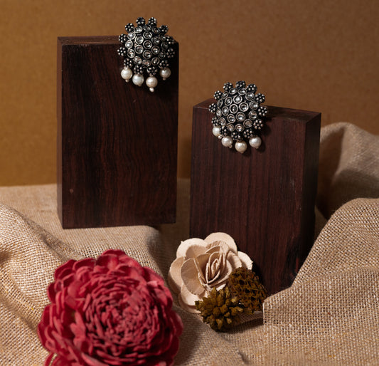 White Stone Studded Oxidised Earrings With Hanging Pearls