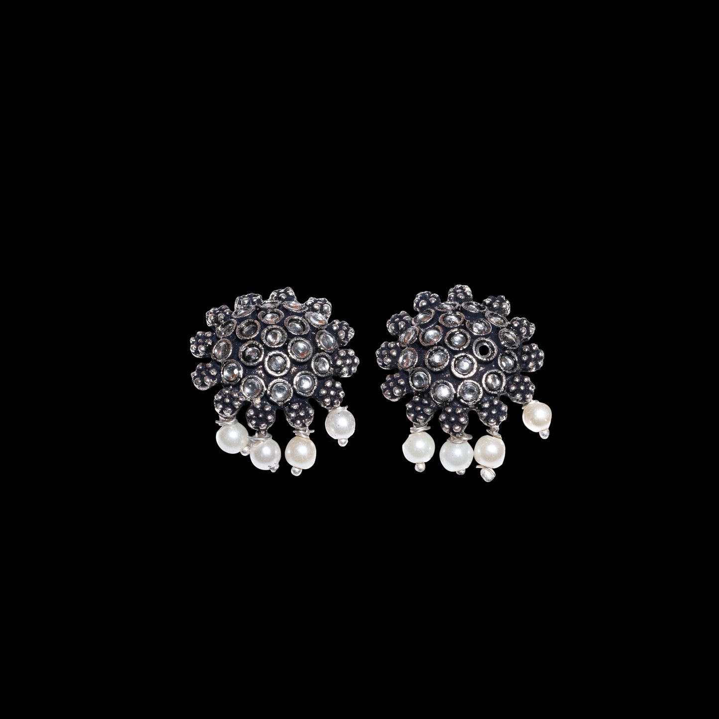 White Stone Studded Oxidised Earrings With Hanging Pearls