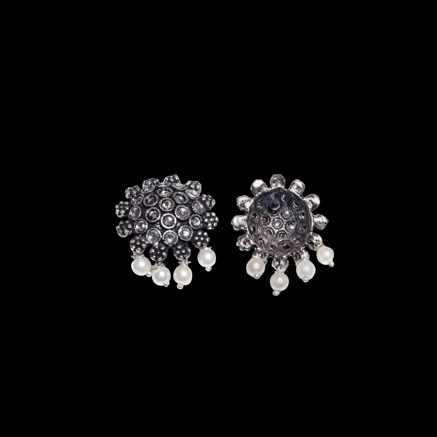 White Stone Studded Oxidised Earrings With Hanging Pearls