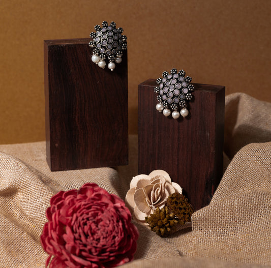 Baby Pink Stone Studded Oxidised Earrings With Hanging Pearls