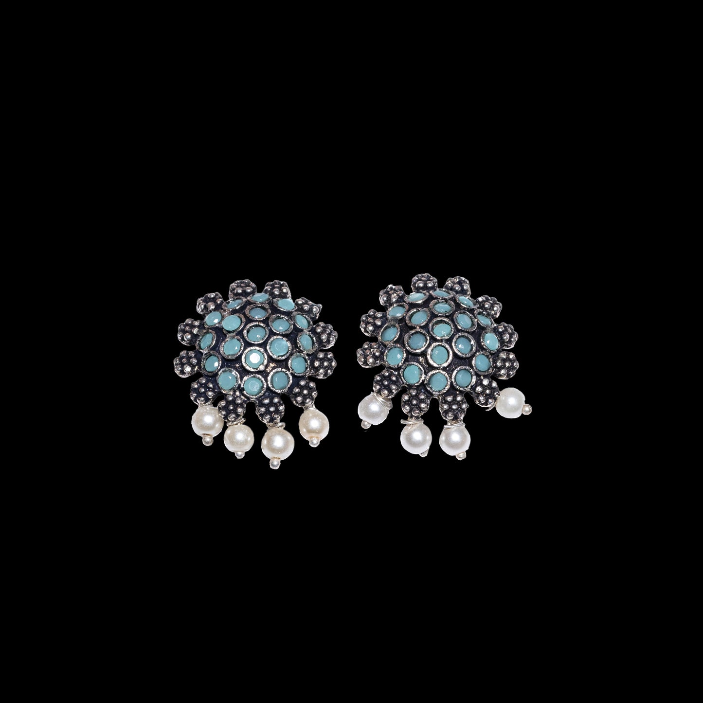 Mint Stone Studded Oxidised Earrings With Hanging Pearls