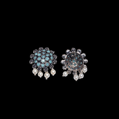 Mint Stone Studded Oxidised Earrings With Hanging Pearls