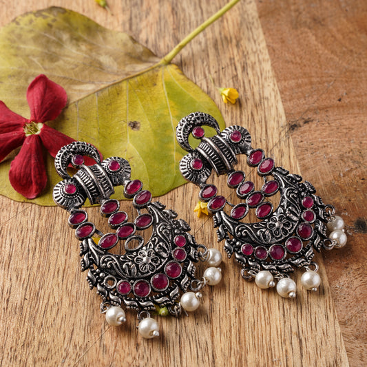 Red Stone Studded German Silver Stud Earrings With Hanging Pearls