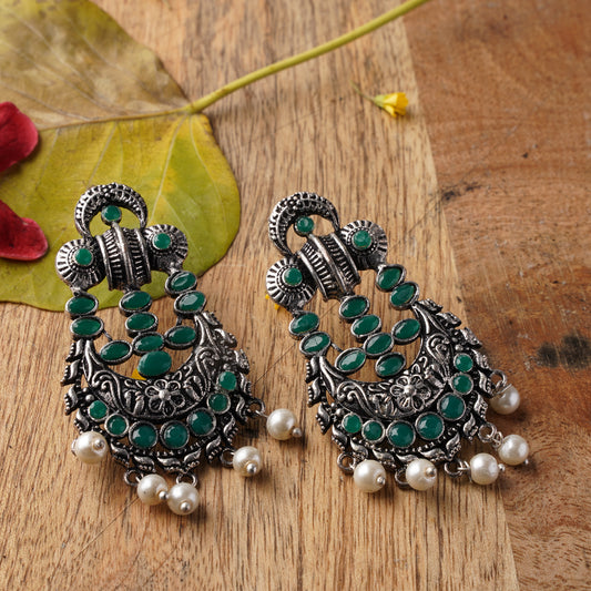 Green Stone Studded German Silver Stud Earrings With Hanging Pearls