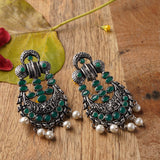 Green Stone Studded German Silver Stud Earrings With Hanging Pearls