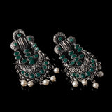 Green Stone Studded German Silver Stud Earrings With Hanging Pearls