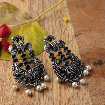 Black Stone Studded German Silver Stud Earrings With Hanging Pearls