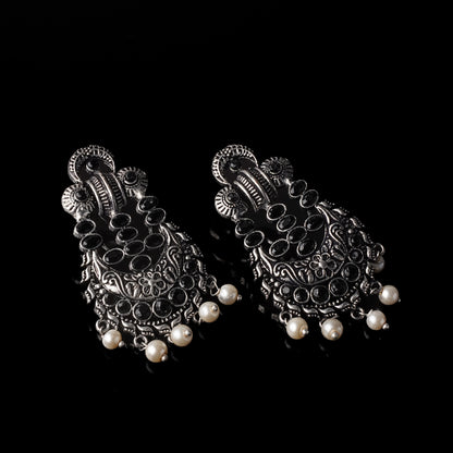 Black Stone Studded German Silver Stud Earrings With Hanging Pearls