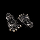 Black Stone Studded German Silver Stud Earrings With Hanging Pearls