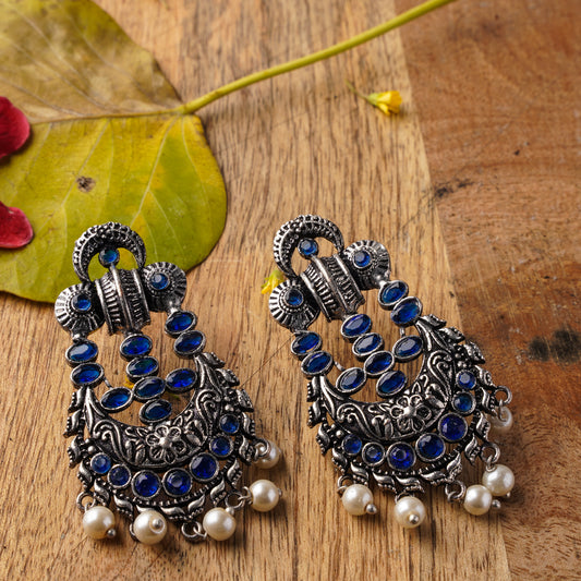 Blue Stone Studded German Silver Stud Earrings With Hanging Pearls