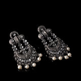 White Stone Studded German Silver Stud Earrings With Hanging Pearls