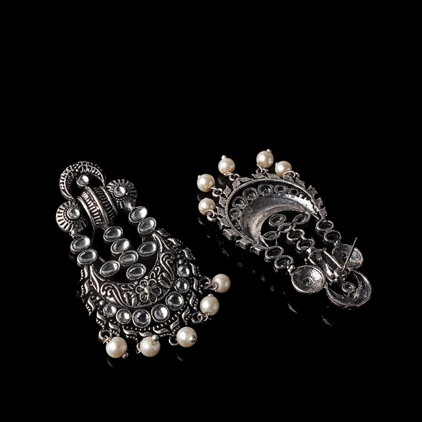 White Stone Studded German Silver Stud Earrings With Hanging Pearls