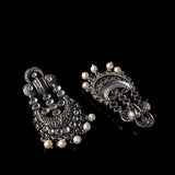 White Stone Studded German Silver Stud Earrings With Hanging Pearls