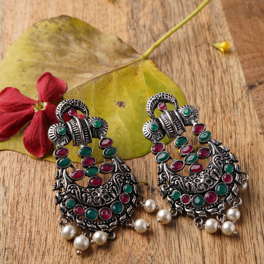 Multicolored Stone Studded German Silver Stud Earrings With Hanging Pearls