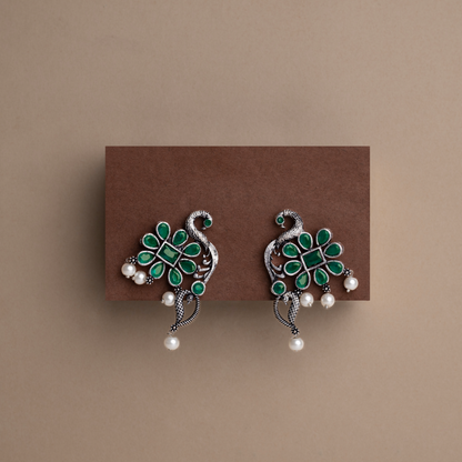 Green Stone Studded Peacock Motif Stud Earrings With Hanging Pearls