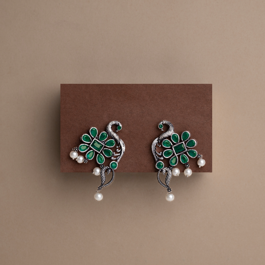 Green Stone Studded Peacock Motif Stud Earrings With Hanging Pearls