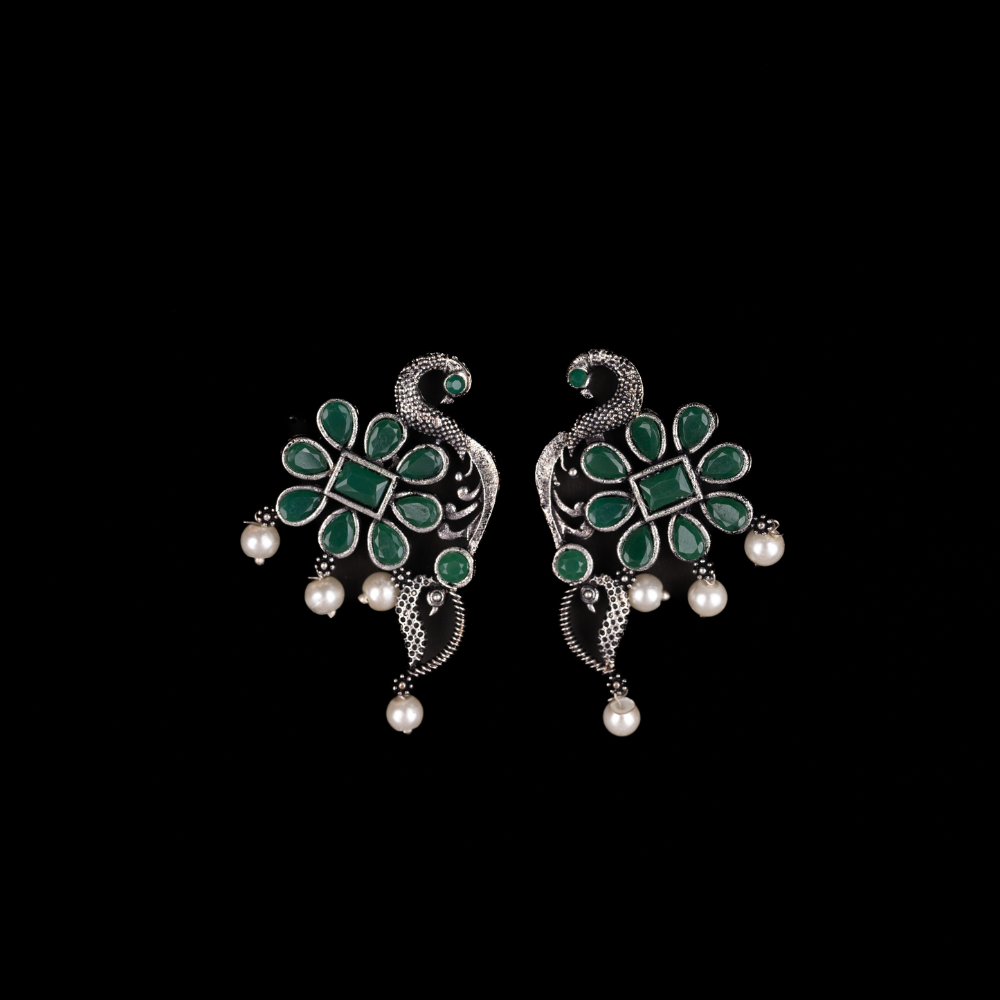 Green Stone Studded Peacock Motif Stud Earrings With Hanging Pearls