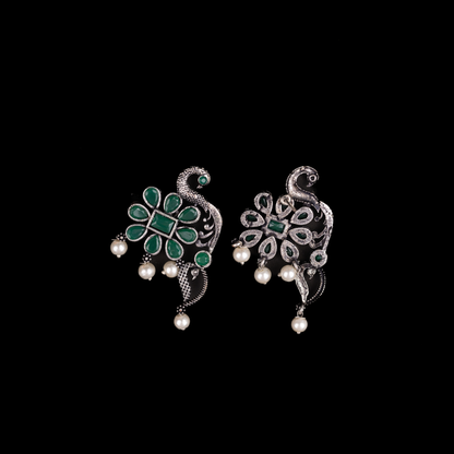 Green Stone Studded Peacock Motif Stud Earrings With Hanging Pearls