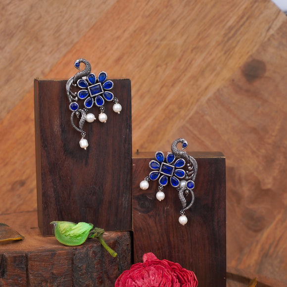 Blue Stone Studded Peacock Motif Stud Earrings With Hanging Pearls