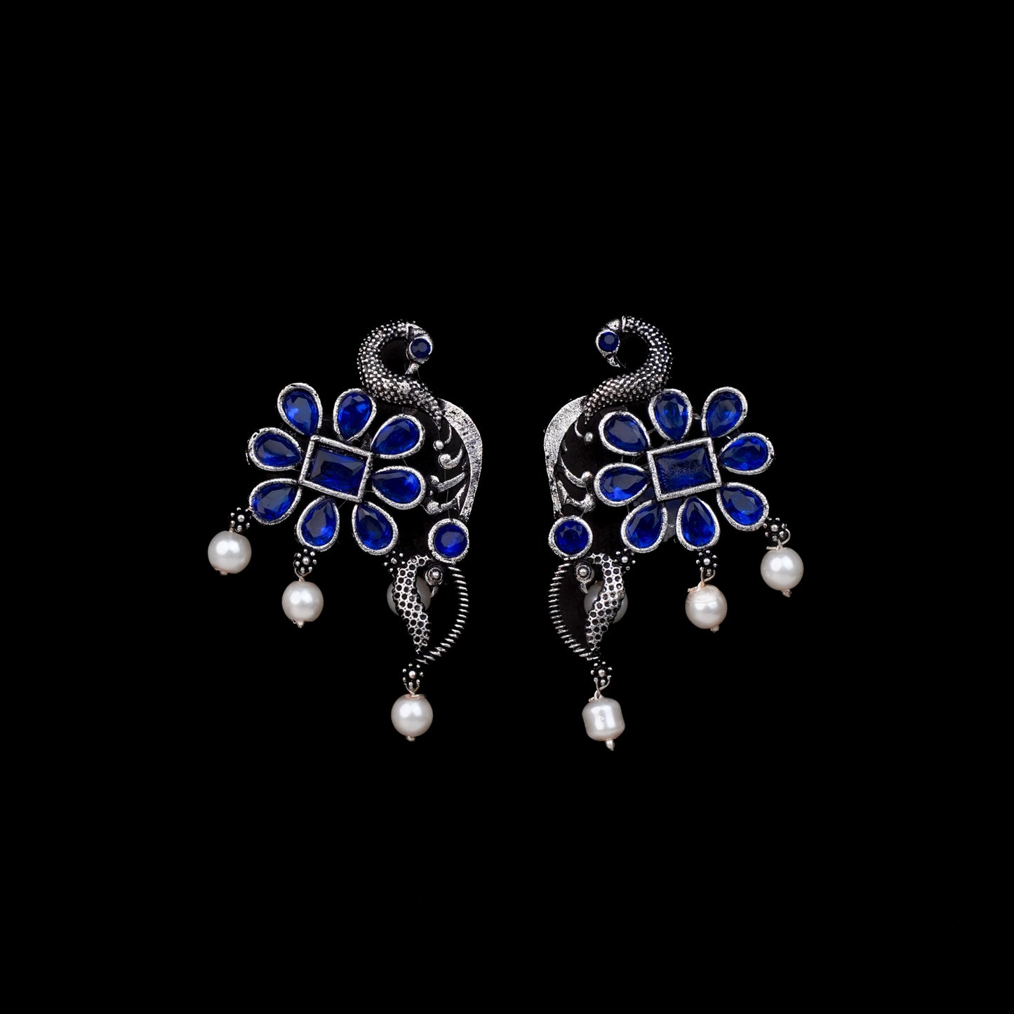 Blue Stone Studded Peacock Motif Stud Earrings With Hanging Pearls