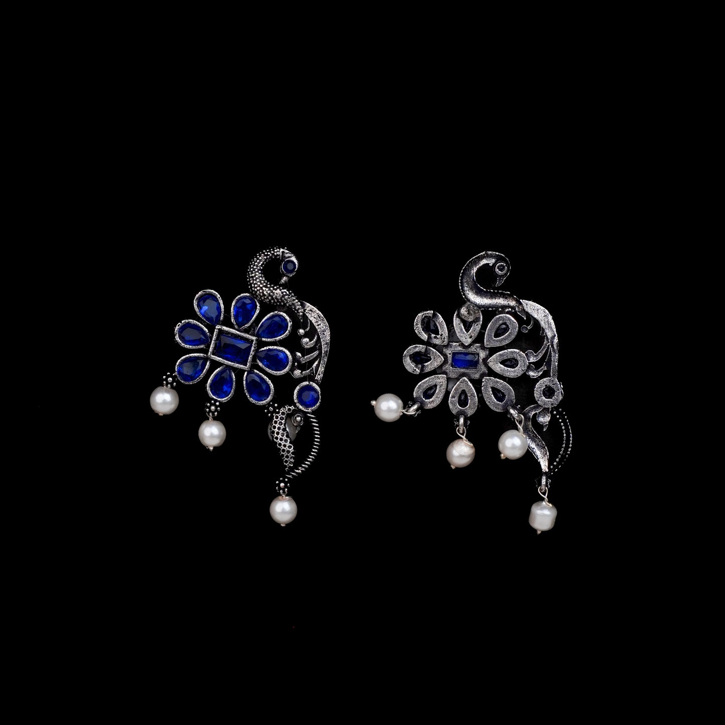 Blue Stone Studded Peacock Motif Stud Earrings With Hanging Pearls