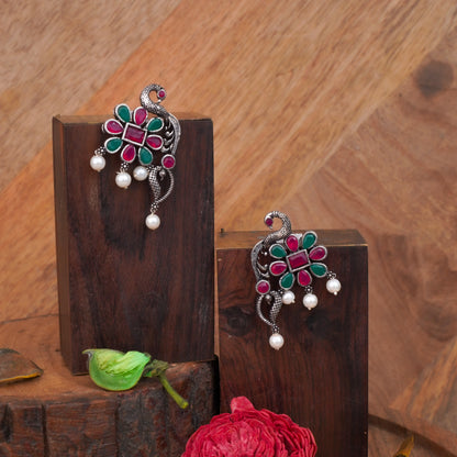 Multicolored Stone Studded Peacock Motif Stud Earrings With Hanging Pearls