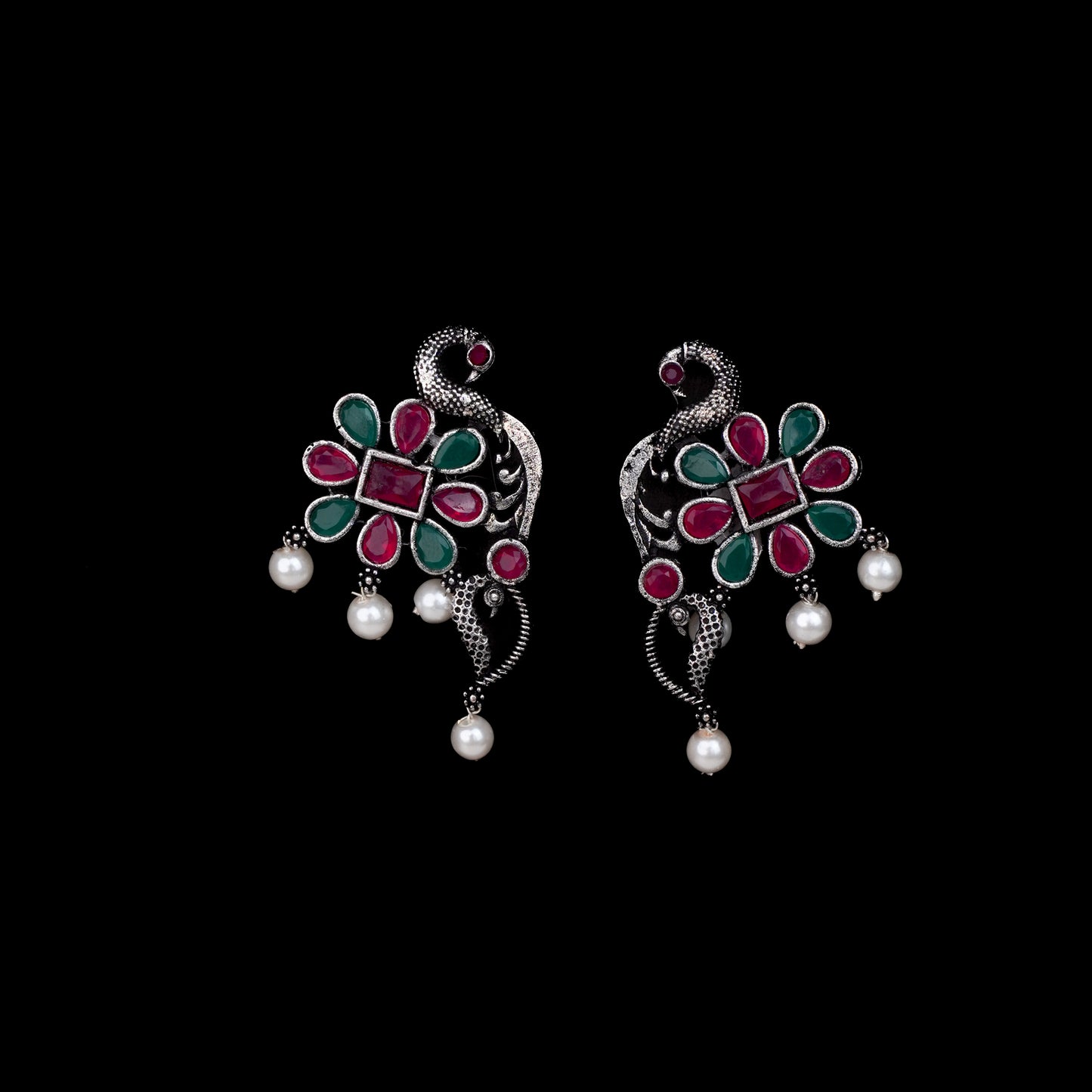 Multicolored Stone Studded Peacock Motif Stud Earrings With Hanging Pearls