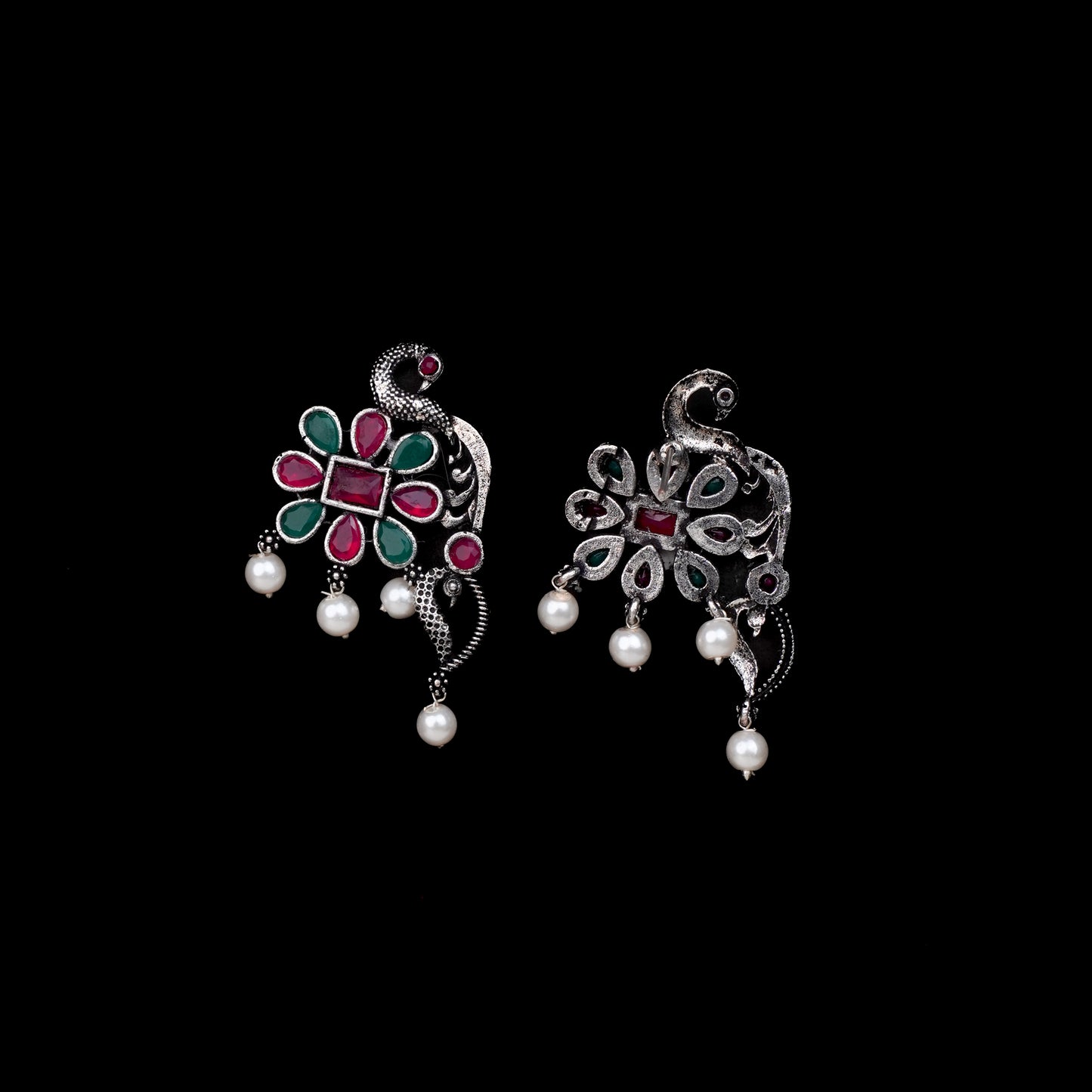 Multicolored Stone Studded Peacock Motif Stud Earrings With Hanging Pearls