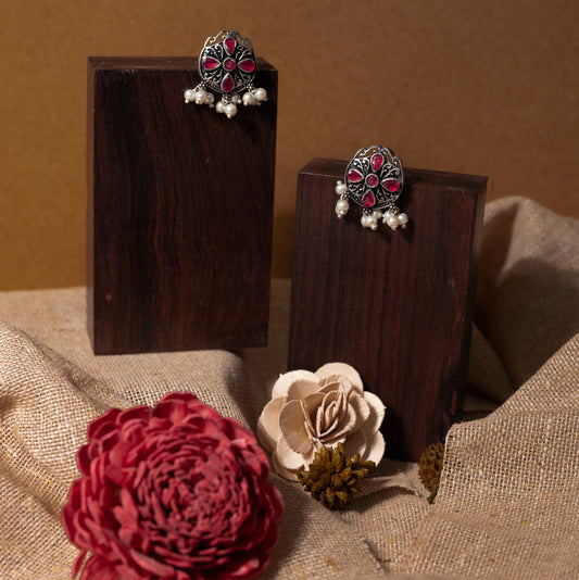 Red Stone Studded Oxidised Earrings With Hanging Pearls