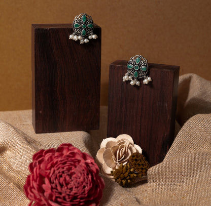 Green Stone Studded Oxidised Earrings With Hanging Pearls