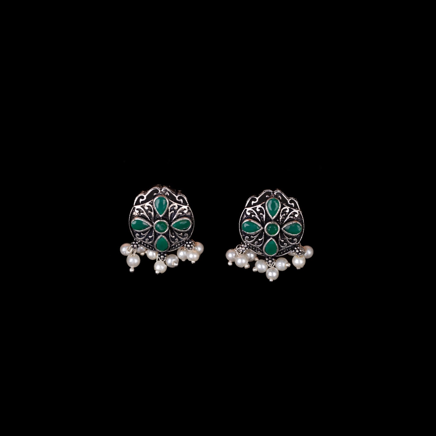 Green Stone Studded Oxidised Earrings With Hanging Pearls