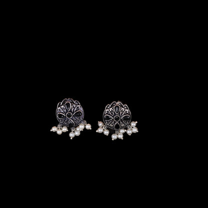 Black Stone Studded Oxidised Earrings With Hanging Pearls