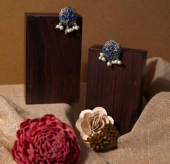 Blue Stone Studded Oxidised Earrings With Hanging Pearls