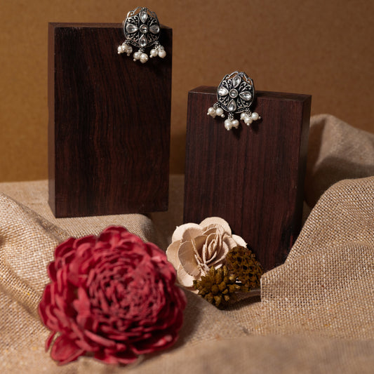 White Stone Studded Oxidised Earrings With Hanging Pearls