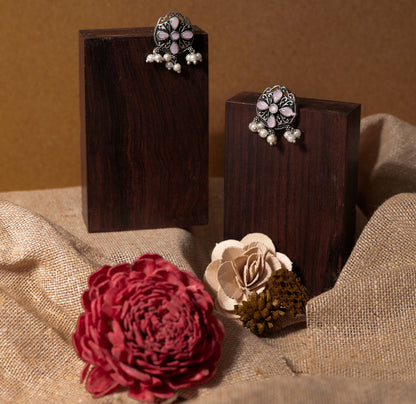 Baby Pink Stone Studded Oxidised Earrings With Hanging Pearls