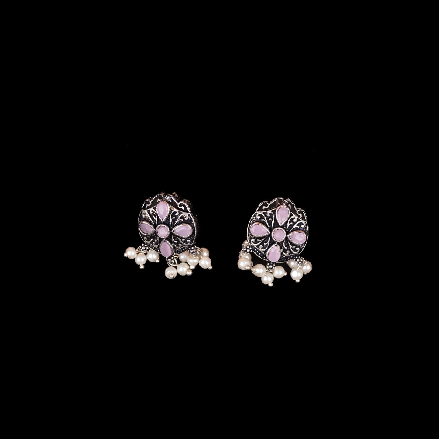 Baby Pink Stone Studded Oxidised Earrings With Hanging Pearls