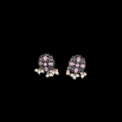 Baby Pink Stone Studded Oxidised Earrings With Hanging Pearls