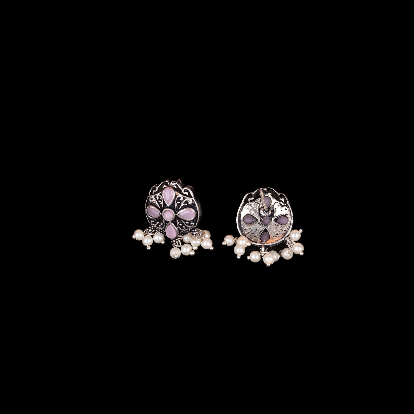 Baby Pink Stone Studded Oxidised Earrings With Hanging Pearls