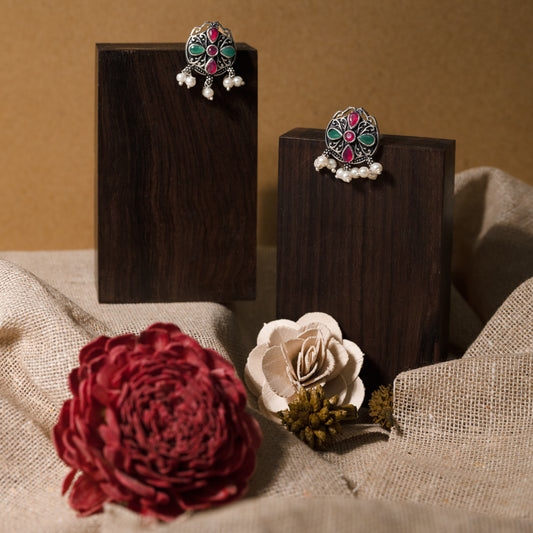 Multicolored Stone Studded Oxidised Earrings With Hanging Pearls