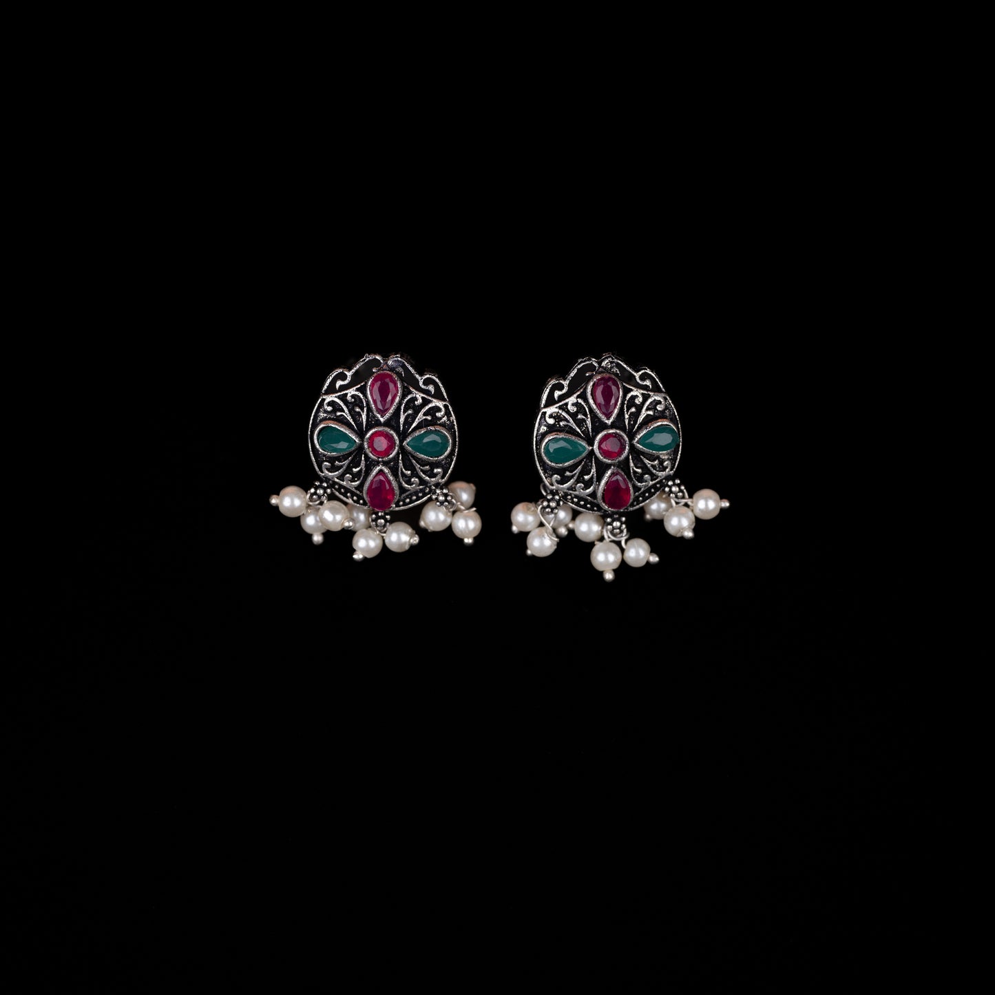 Multicolored Stone Studded Oxidised Earrings With Hanging Pearls