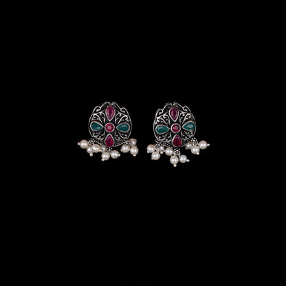 Multicolored Stone Studded Oxidised Earrings With Hanging Pearls