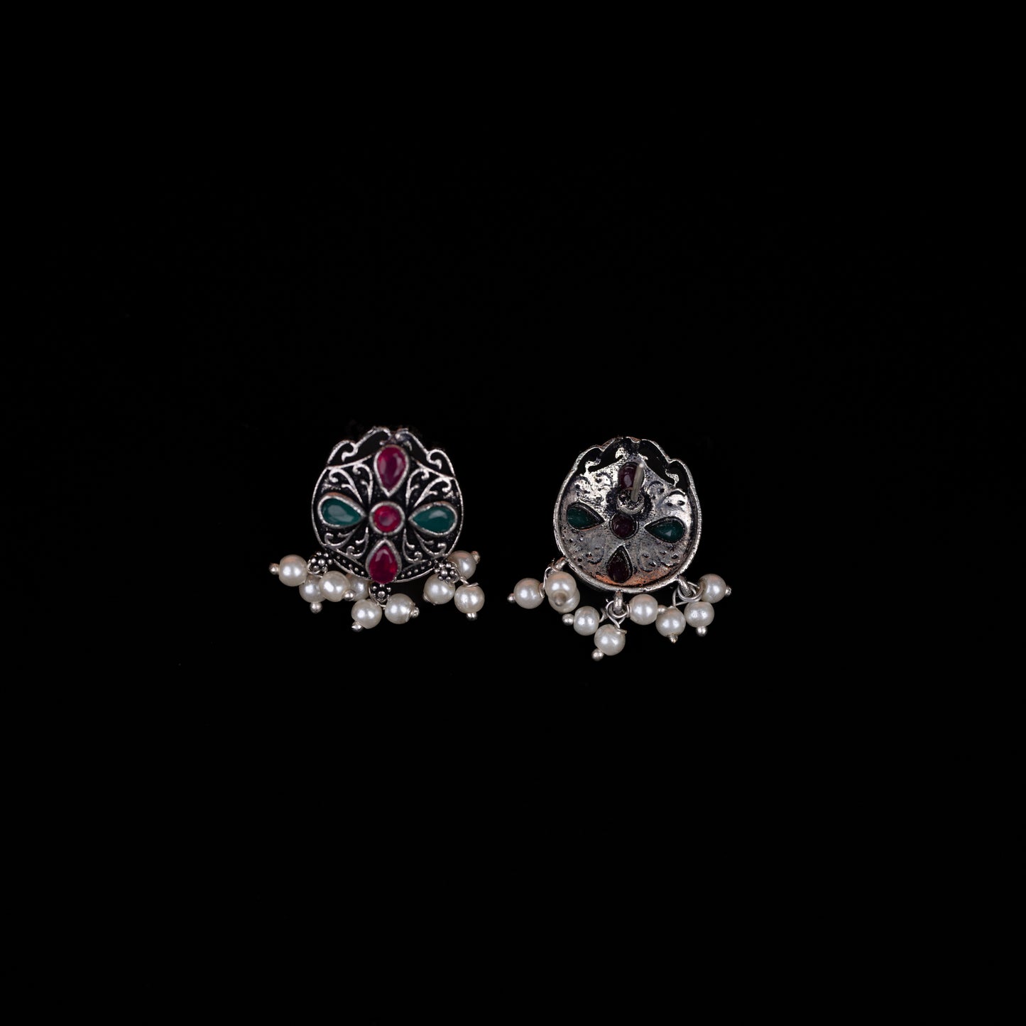 Multicolored Stone Studded Oxidised Earrings With Hanging Pearls