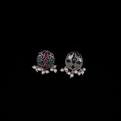 Multicolored Stone Studded Oxidised Earrings With Hanging Pearls