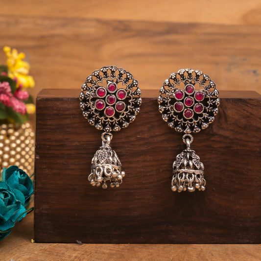 Red Stone Studded Oxidised Earrings With Hanging Jhumki