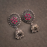 Red Stone Studded Oxidised Earrings With Hanging Jhumki