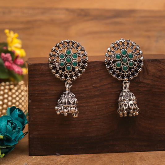 Green Stone Studded Oxidised Earrings With Hanging Jhumki