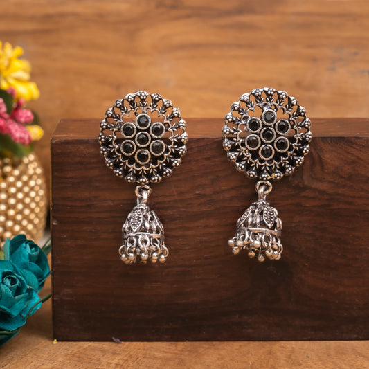 Black Stone Studded Oxidised Earrings With Hanging Jhumki